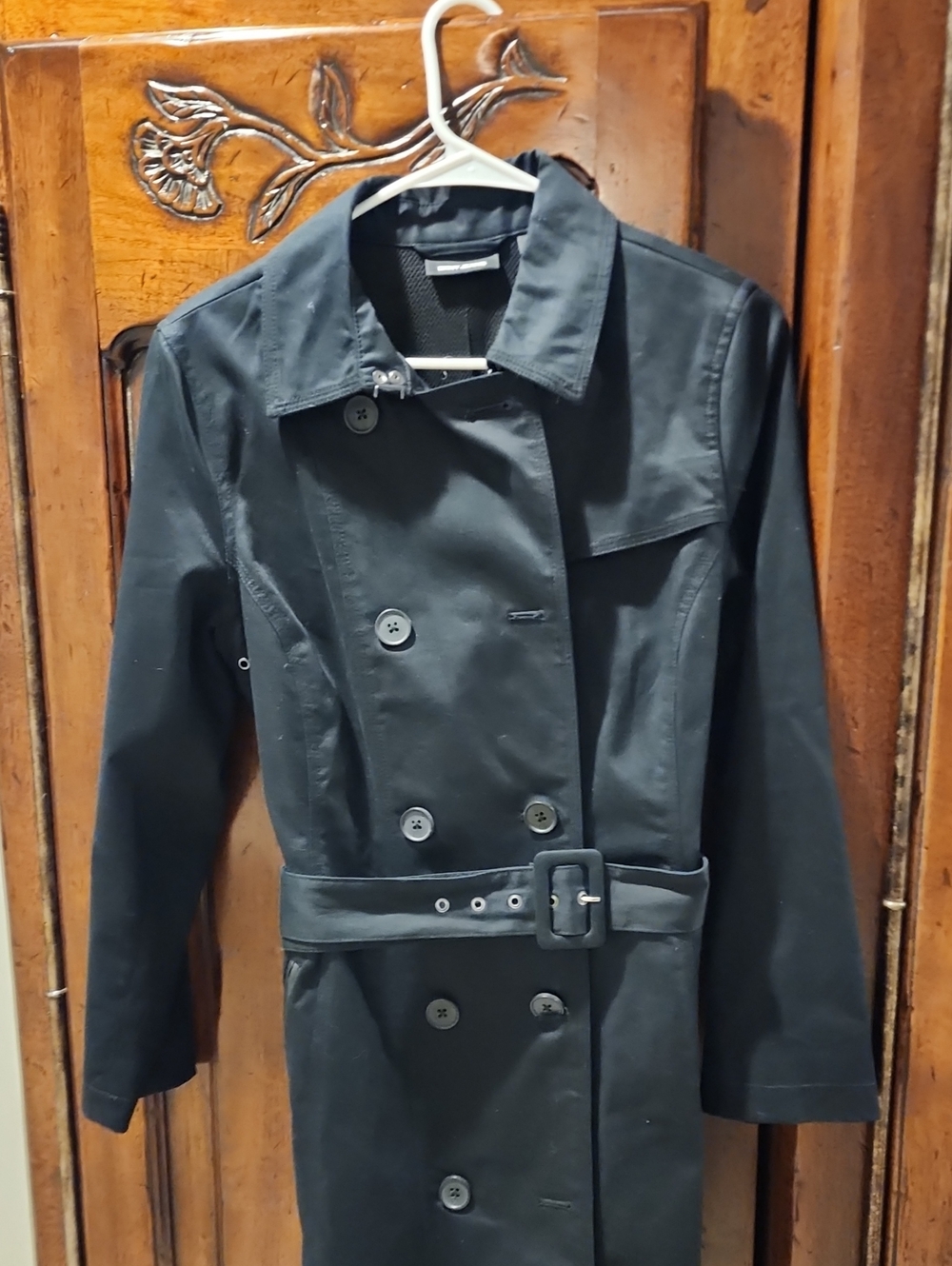 DKNY Black Double-Breasted Trench Coat with Belt